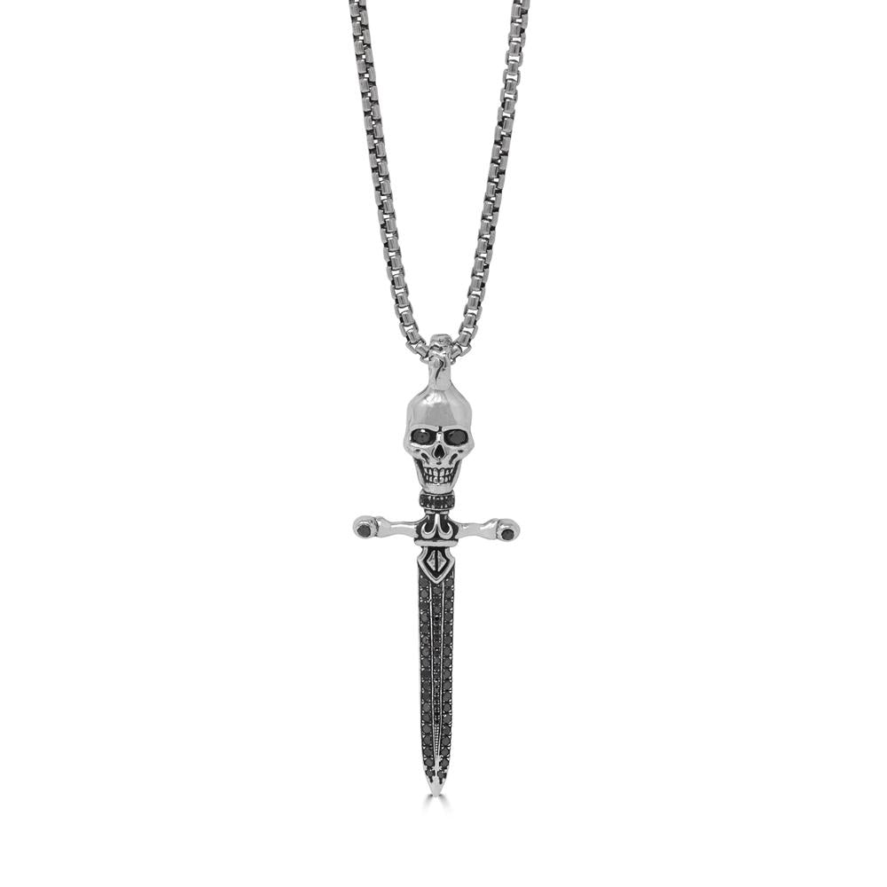 Black Diamond Skull Dagger Pendant Necklace