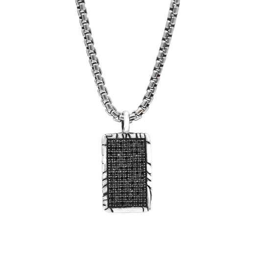 Rectangular Black Diamond KeyDesign Tag Pendant Necklace