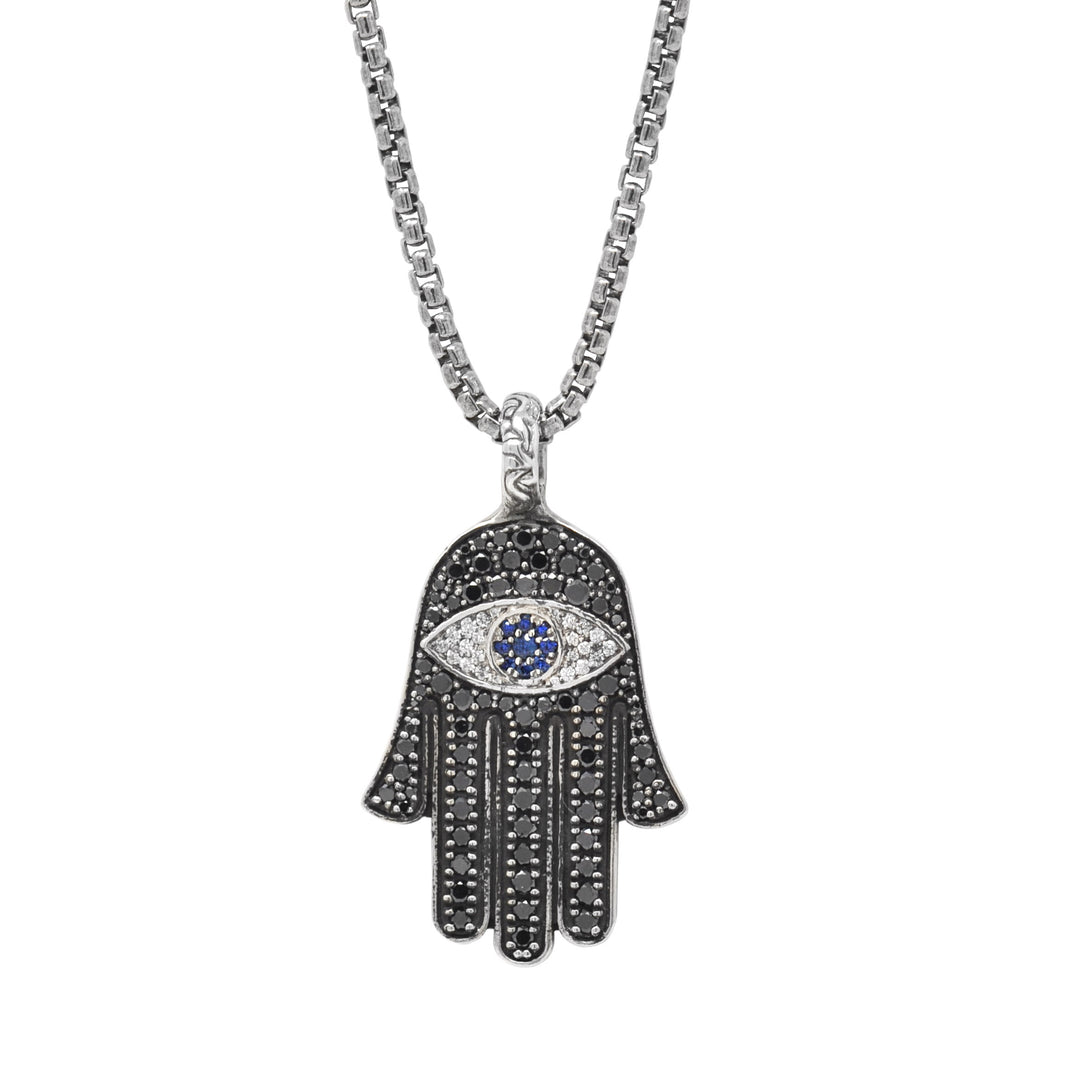 Large Black Diamond Hamsa Pendant Necklace