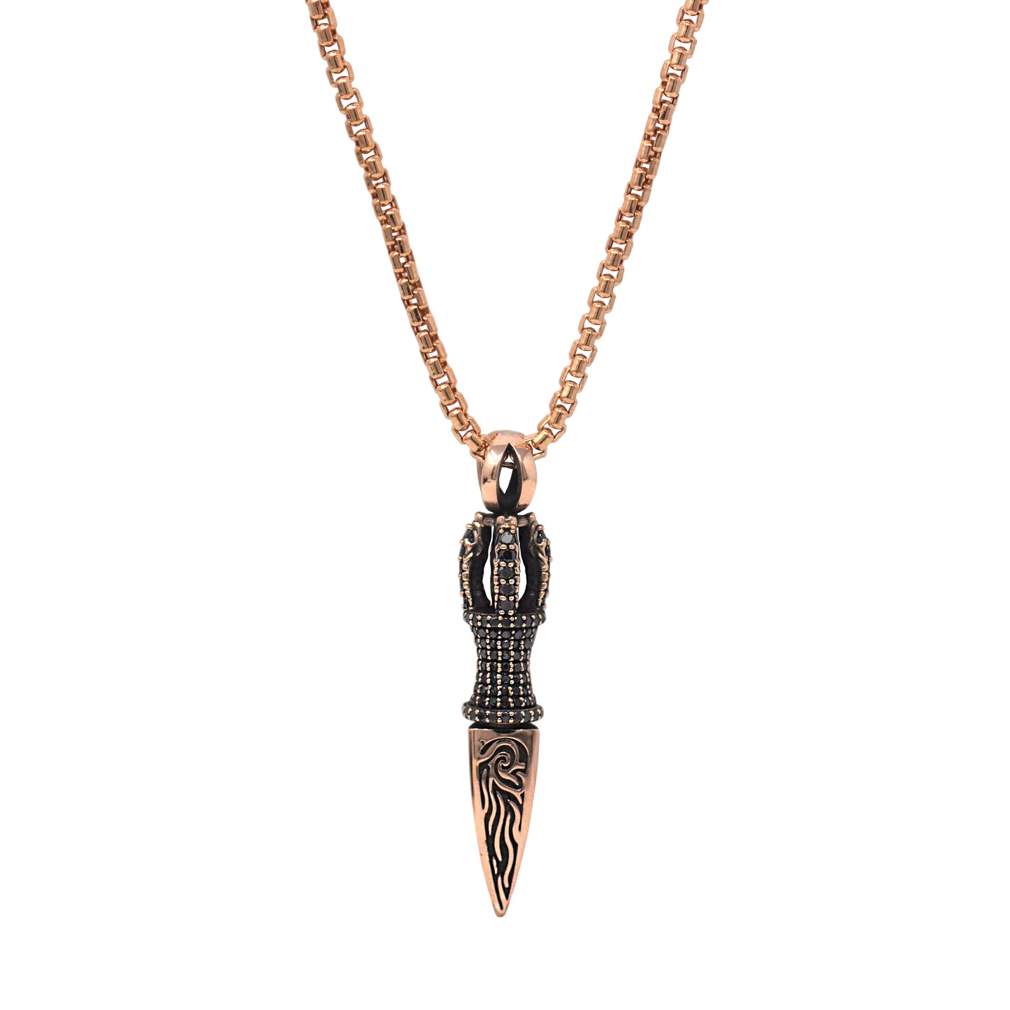 Black Diamond Small KeyDesign Dagger Pendant Necklace In Rose Gold