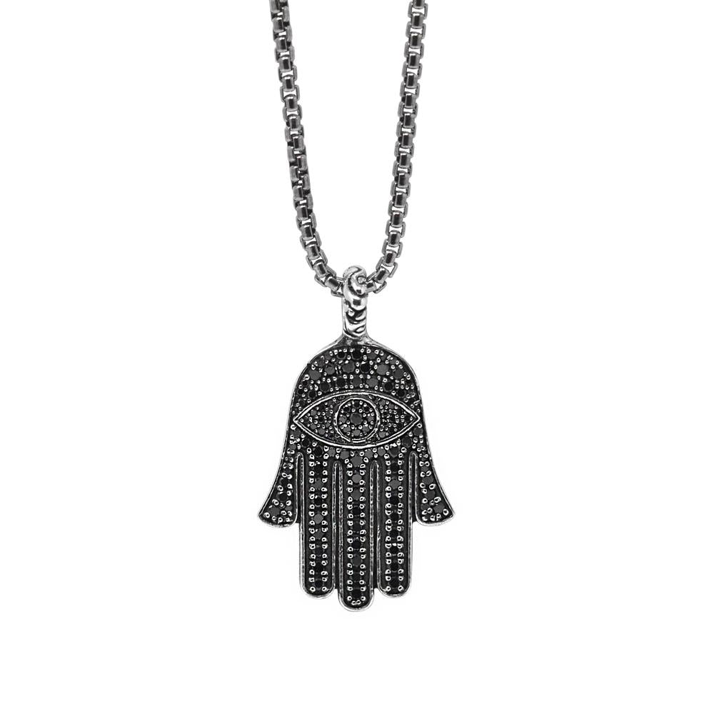 All Black Diamond Hamsa Pendant Necklace