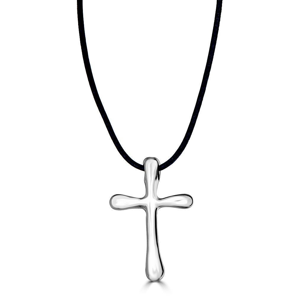 Round Edge Cross Pendant On Leather Cord Necklace