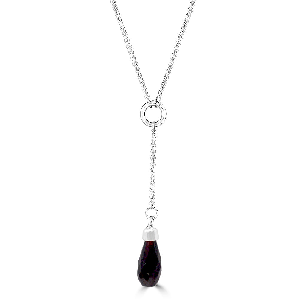 Versani NY Elegant 25mm Pear-Cut Teardrop Drop Pendant in polished 925 Silver with a vibrant Garnet or Aquamarine gemstone.