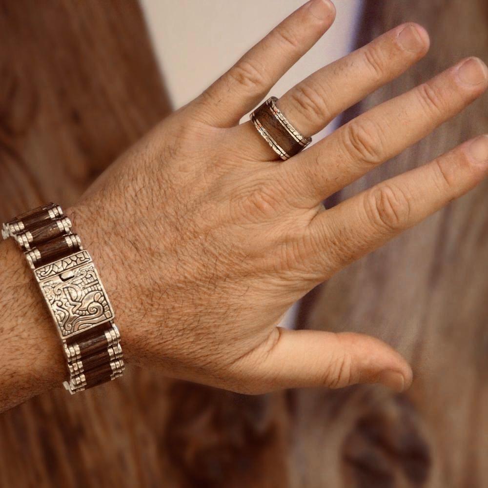 Wide Round KeyDesign Wood Inlay Ring