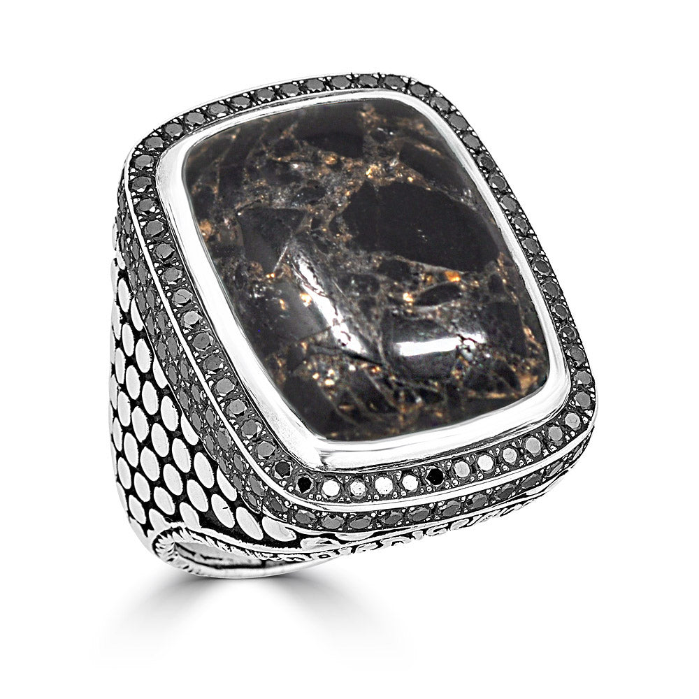 Large Rectangle Onyx with Black Diamond Frame Dotted Ring