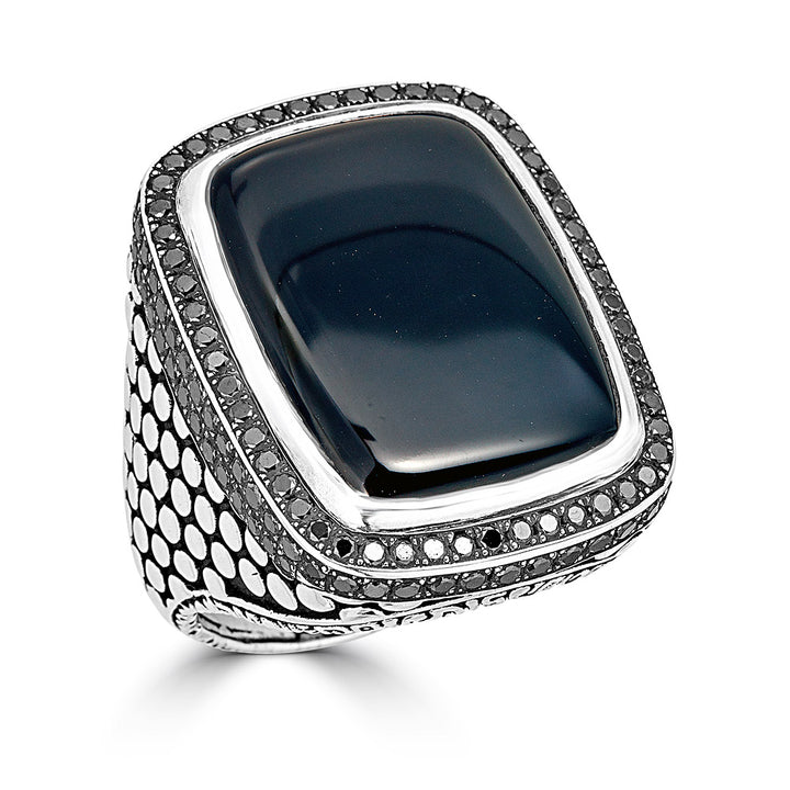 Large Rectangle Onyx with Black Diamond Frame Dotted Ring