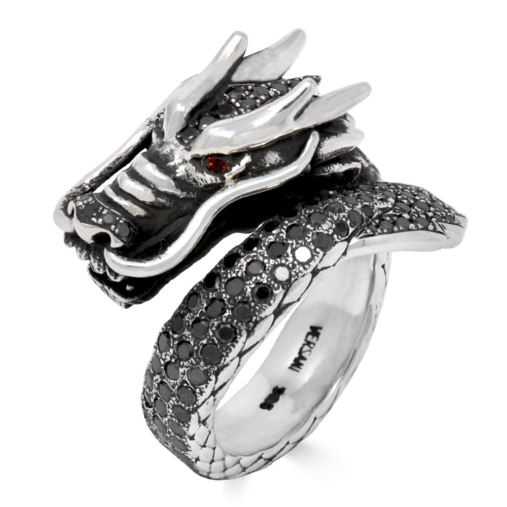 Black Diamond Dragon Ring With Garnet Eyes