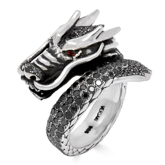 Black Diamond Dragon Ring With Garnet Eyes