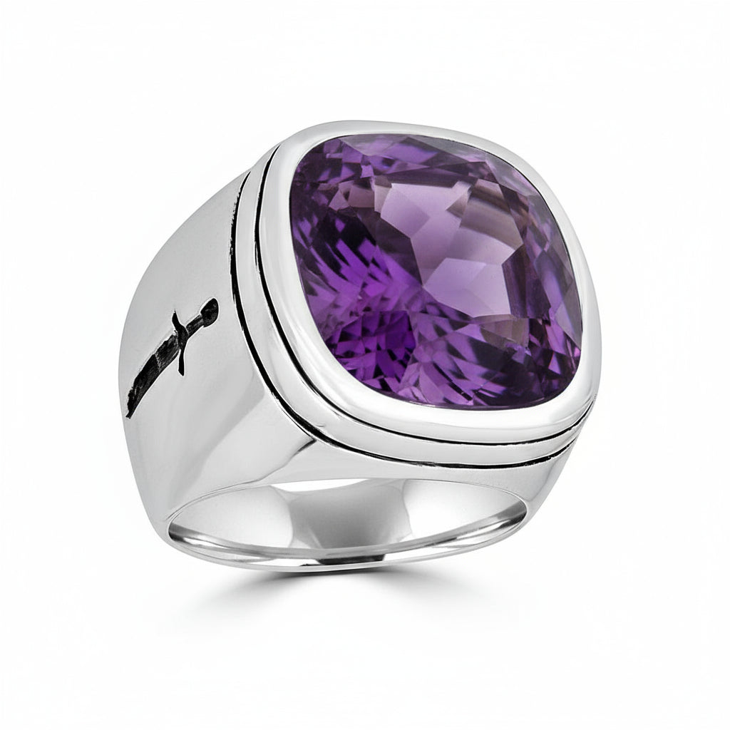 Silver ring with a Amethyst gemstone on a white background