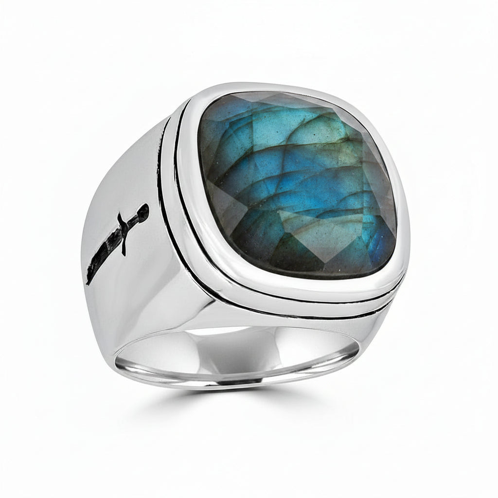 Square Gemstone Engraved Sword Ring