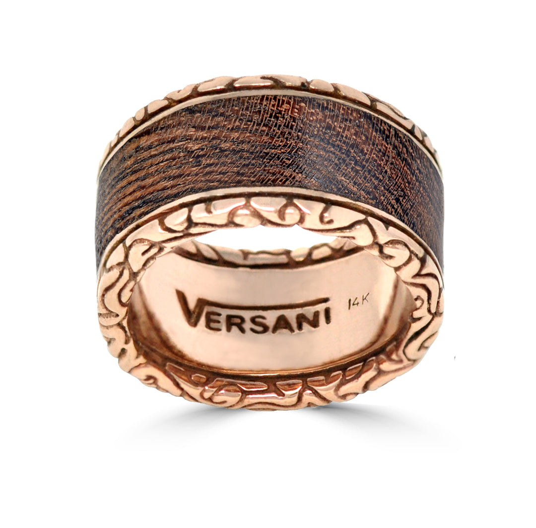 Wide Round KeyDesign Wood Inlay Ring In Rose Gold