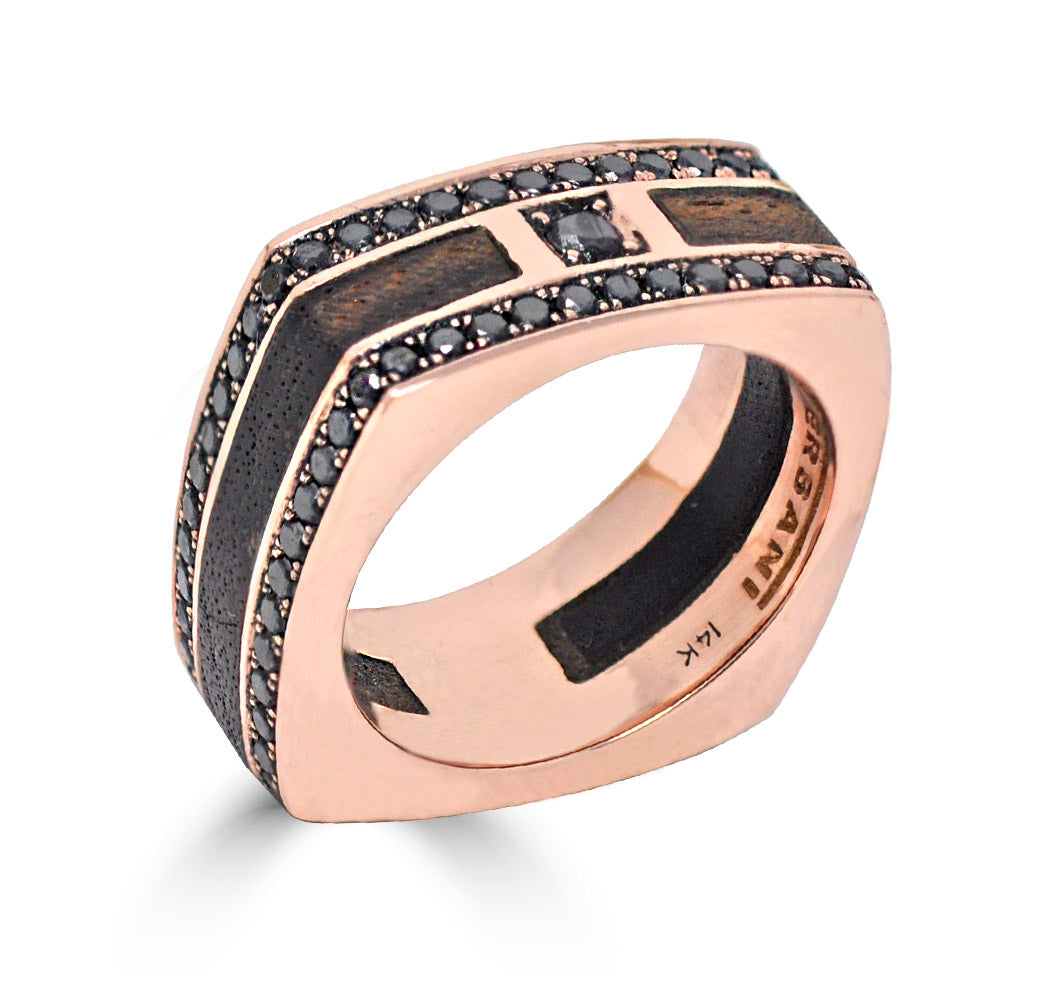 Black Diamond  Wood Inlay Square Ring In Rose Gold