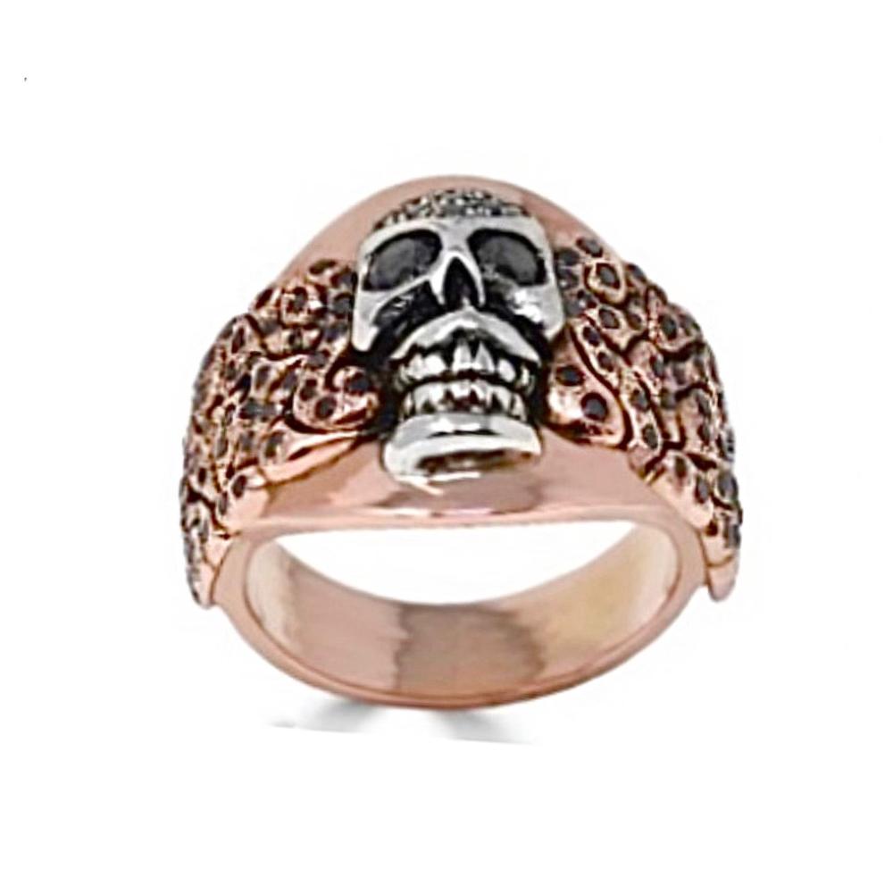 Wide KeyDesign Black Diamond Skull Ring In Rose Gold