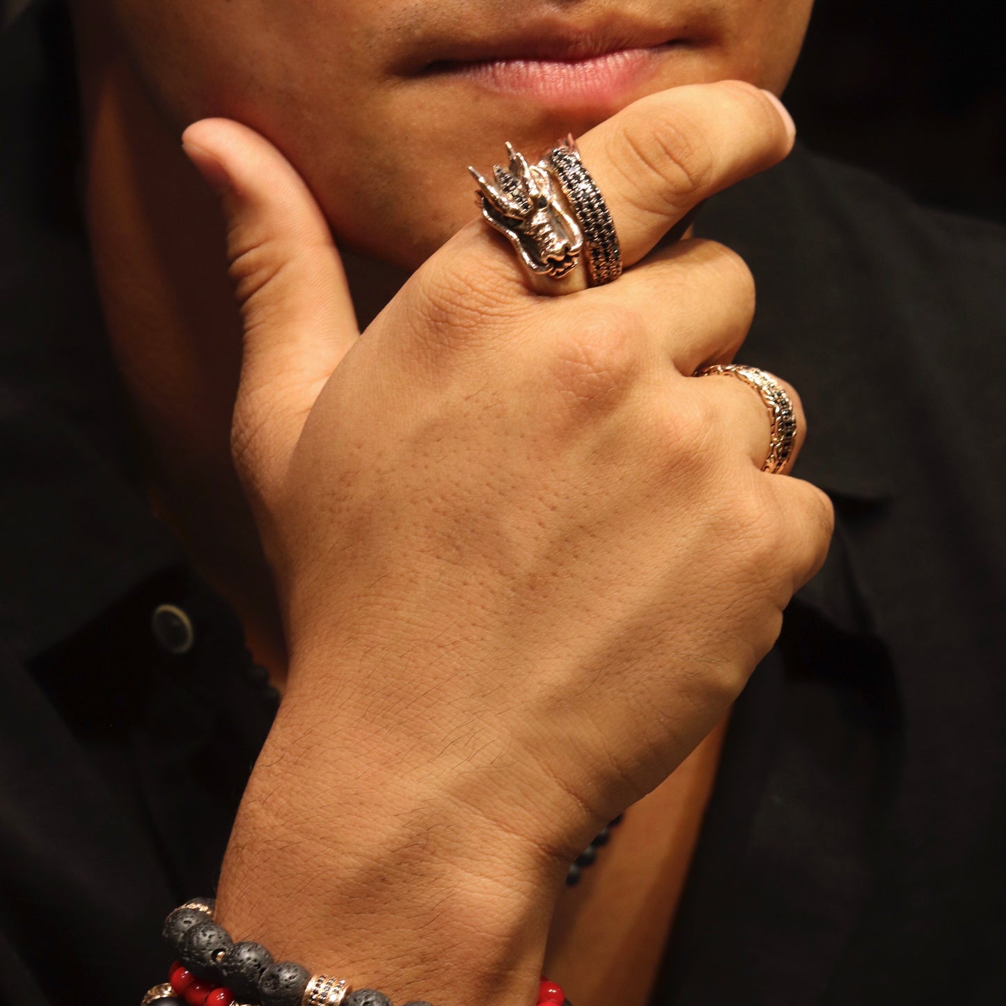 Black Diamond Dragon Ring in Rose Gold
