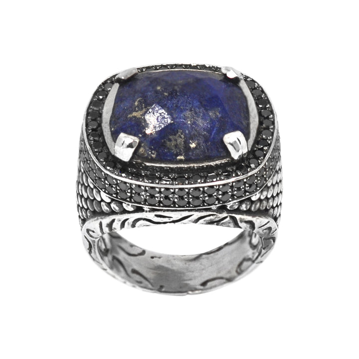 Center Gemstone With Black Diamond Frame Dotted Ring