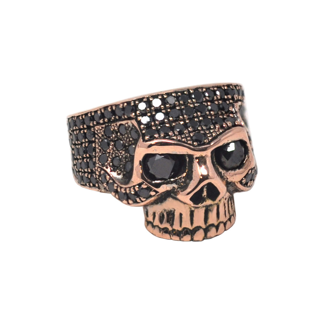 Black Diamond Skull Head Ring In Rose Gold