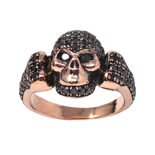 Black Diamond Skull Head Ring Rose Gold