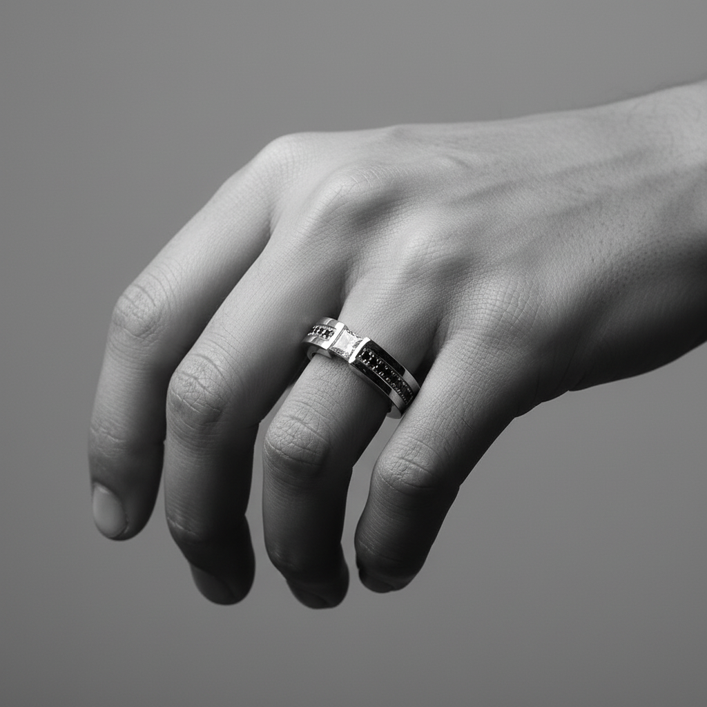 White Diamond Tension Ring With Black Diamond Inlay