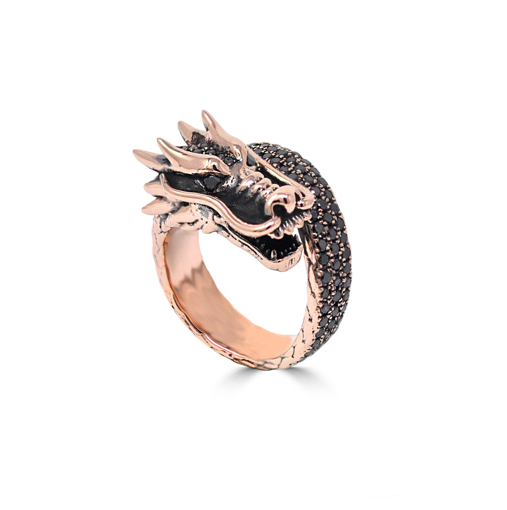 Small Black Diamond Dragon Ring in Rose Gold