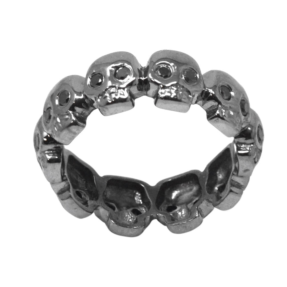 A black diamond ring with a skull motif design.