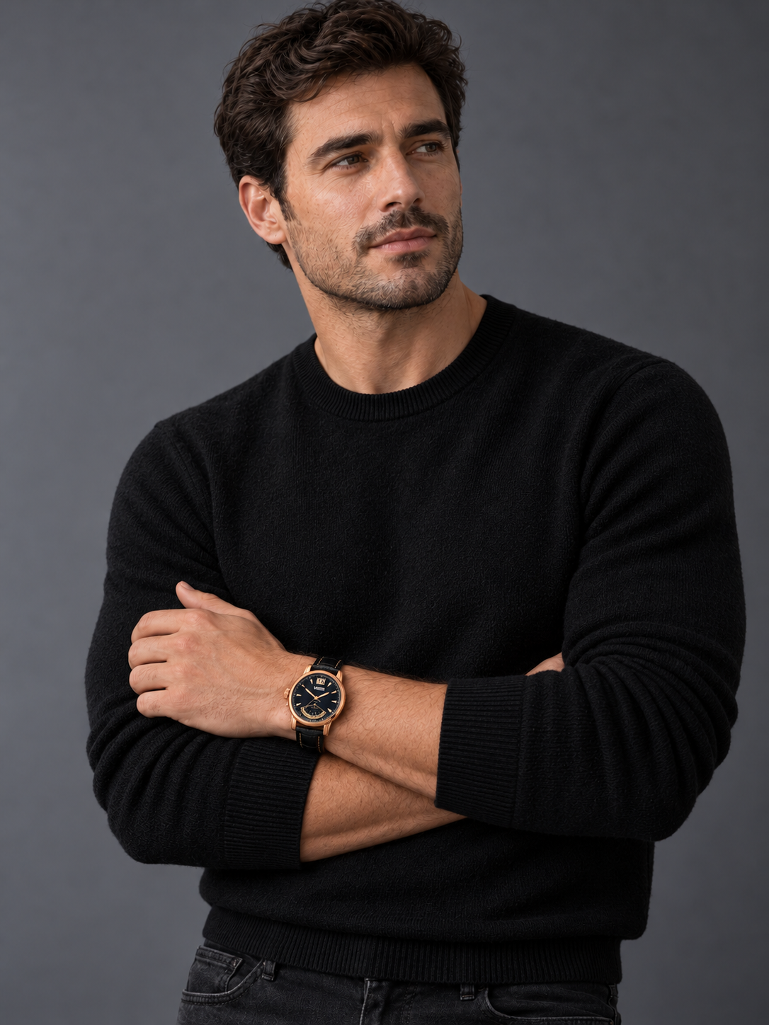 Rose Gold-Tone Watch with Black Leather Strap