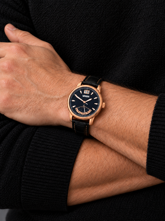 Rose Gold-Tone Watch with Black Leather Strap