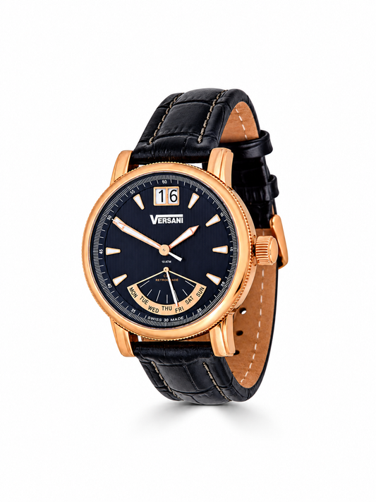 Rose Gold-Tone Watch with Black Leather Strap