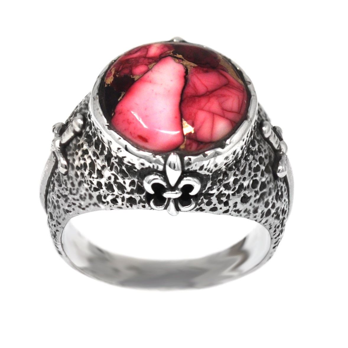 Silver ring with a red gemstone and fleur-de-lis design on a white background