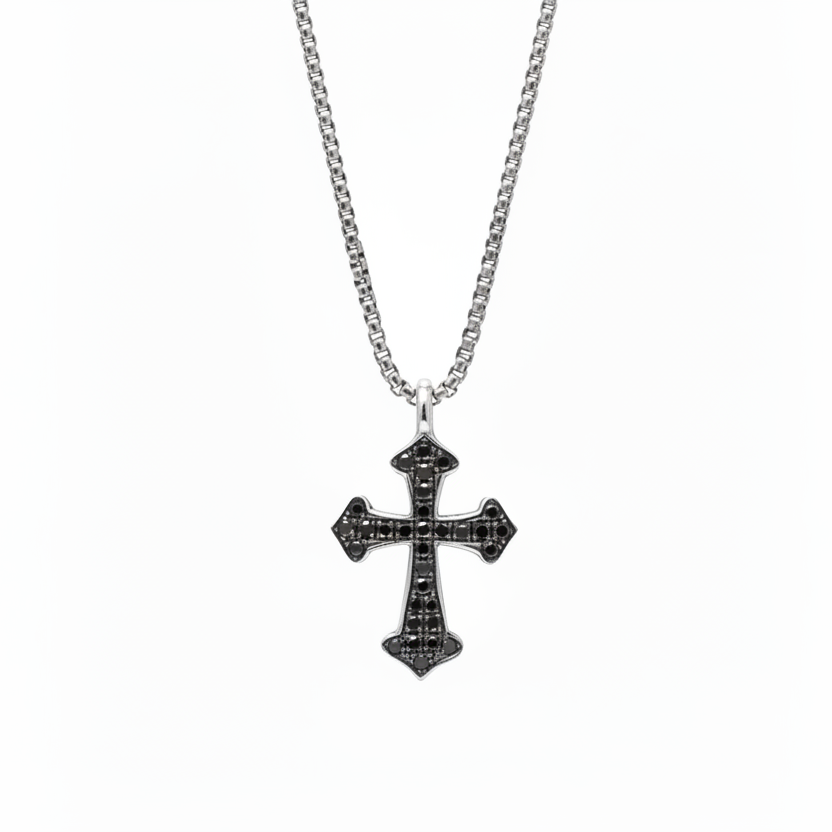 Small Black Diamond Celestial Cross Pendant Necklace