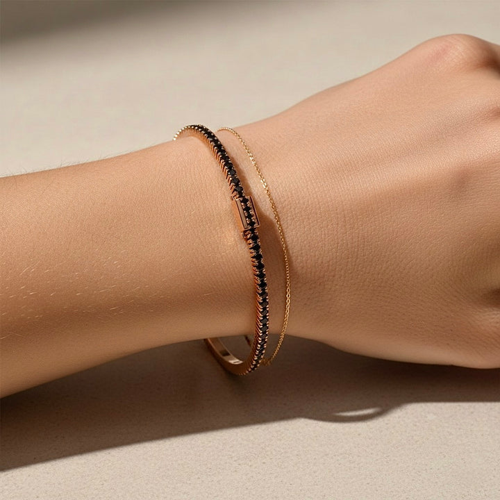 Thin Black Diamond Tennis Bracelet In Rose Gold