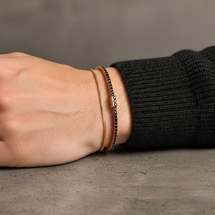 Thin Black Diamond Tennis Bracelet In Rose Gold
