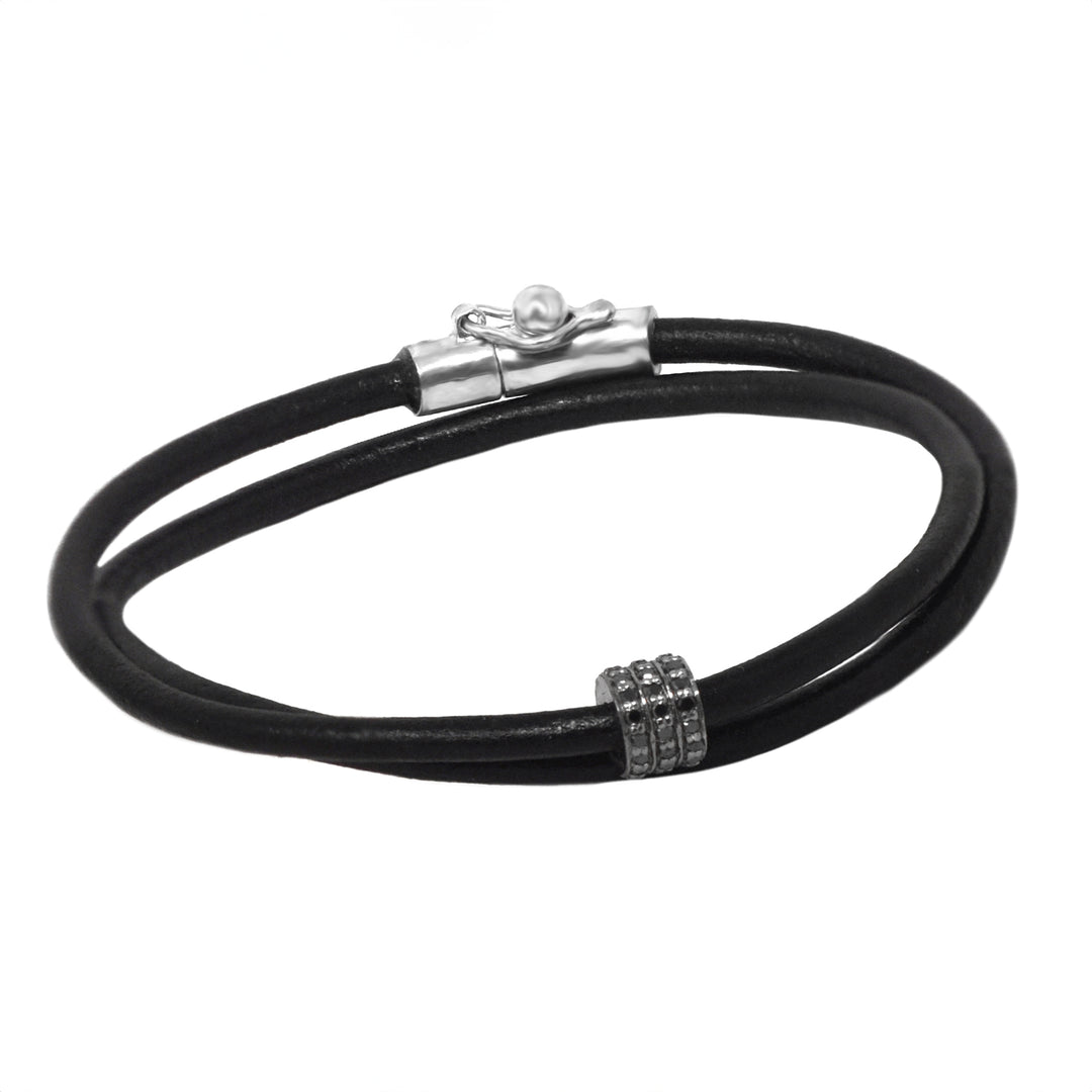 Black Diamond Cylinder Double Wrap Leather Bracelet
