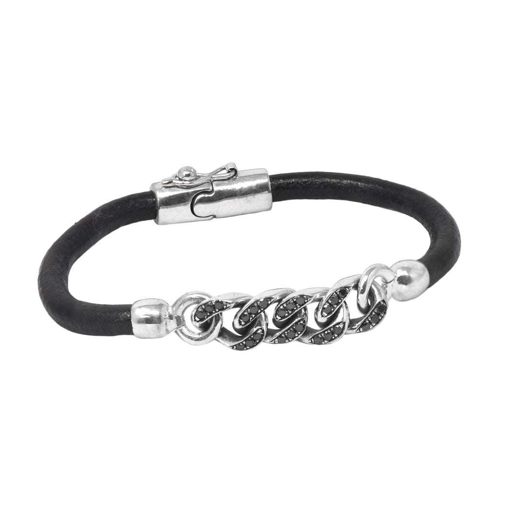 Small Black Diamond Cuban Link Leather Bracelet