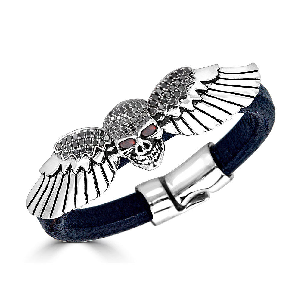 Black Diamond ID Skull Wings Leather Bracelet