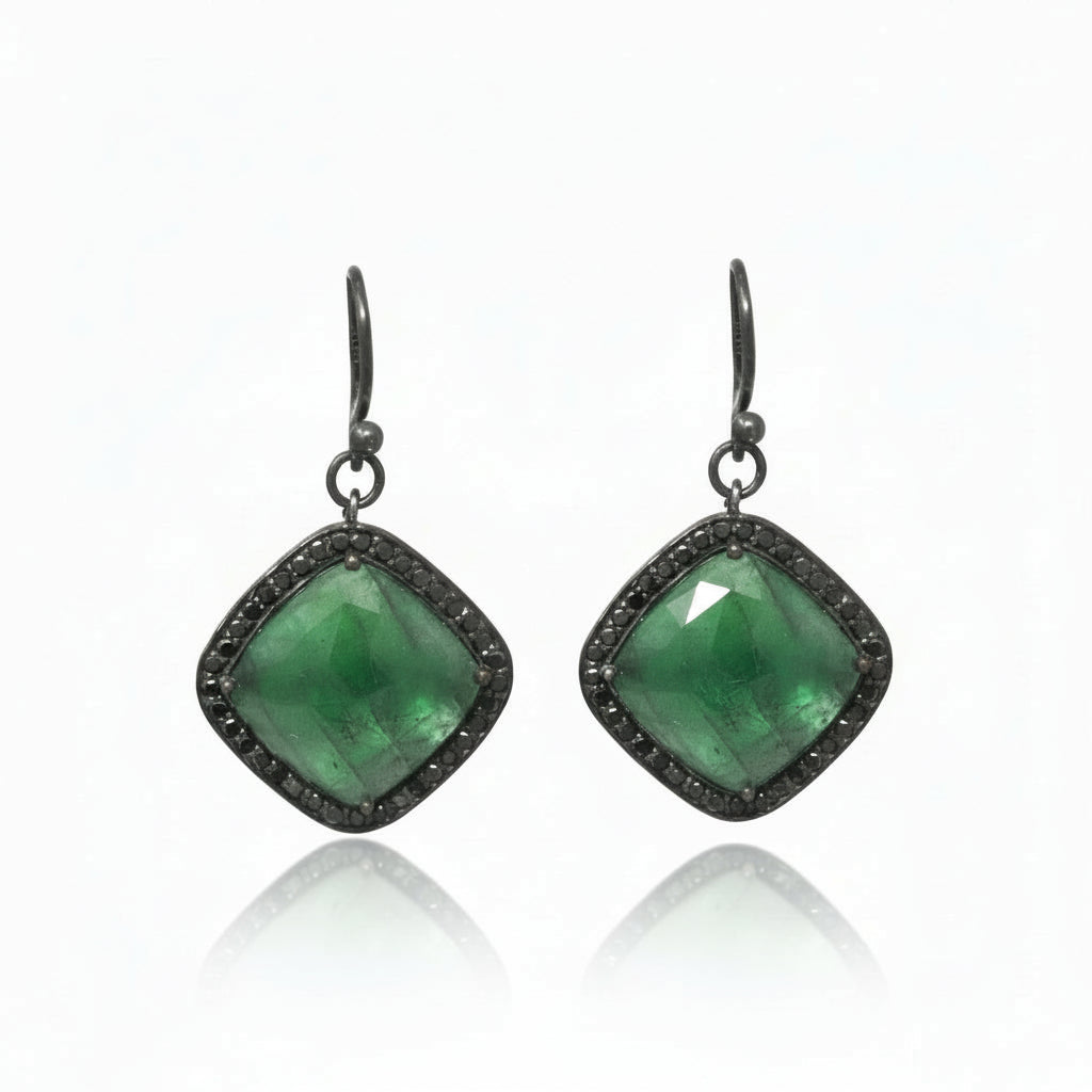 Black Diamond Halo Green Emerald Drop Earrings