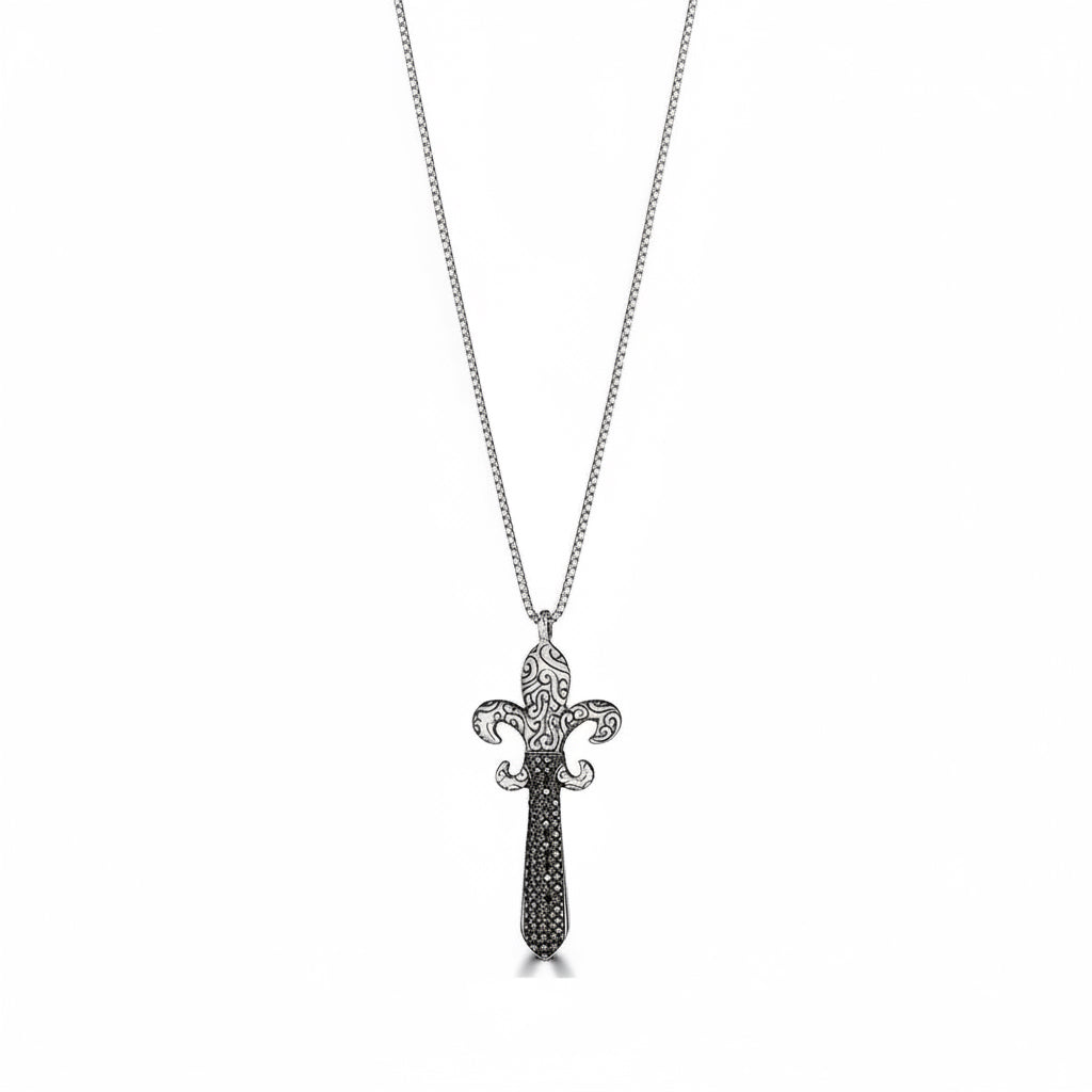 Black Diamond Fleur De Lis Dagger Pendant Necklace