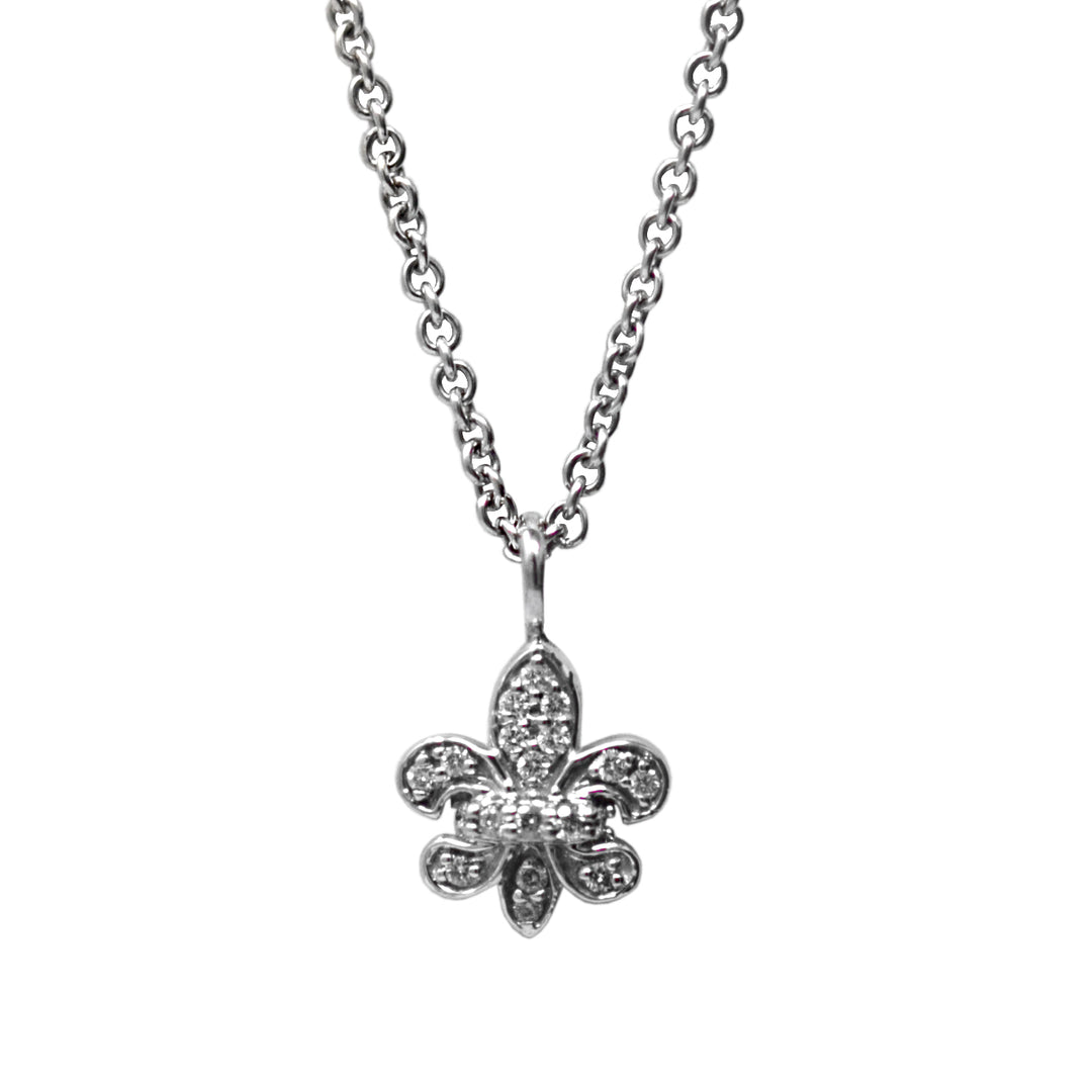 Mini White Diamond Fleur De Lis Pendant Necklace