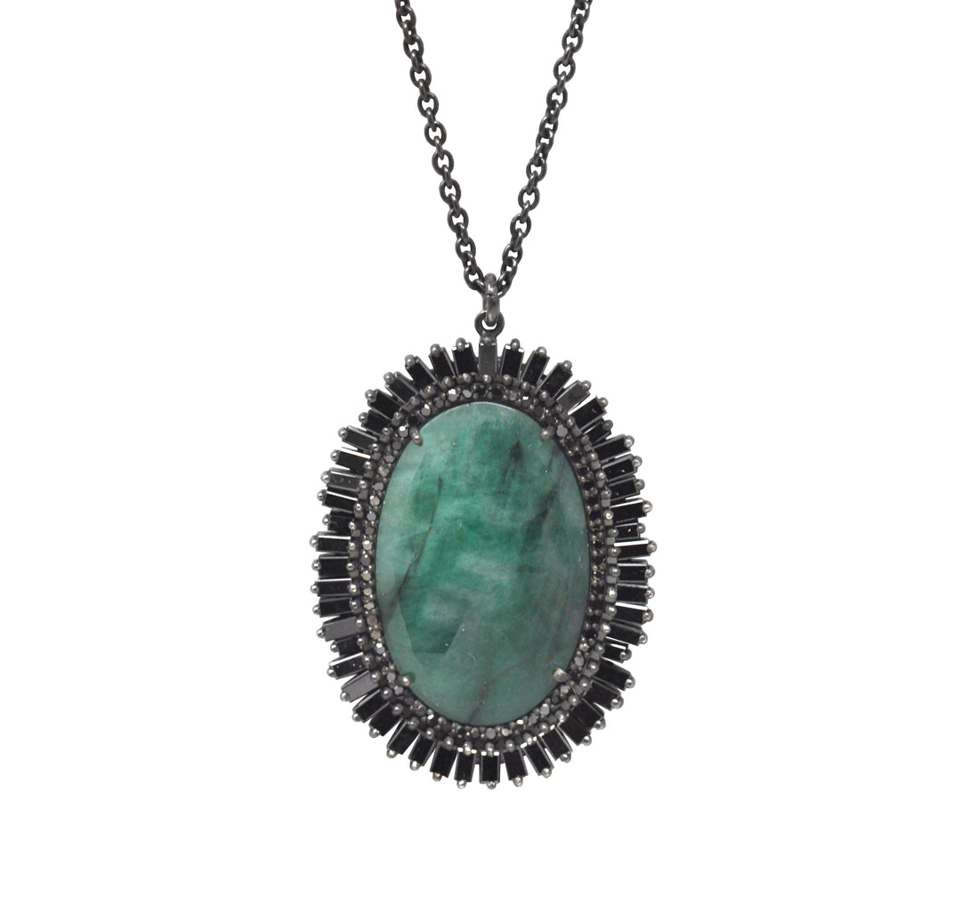 Emerald With Black Diamond Baguette Frame Pendant Necklace