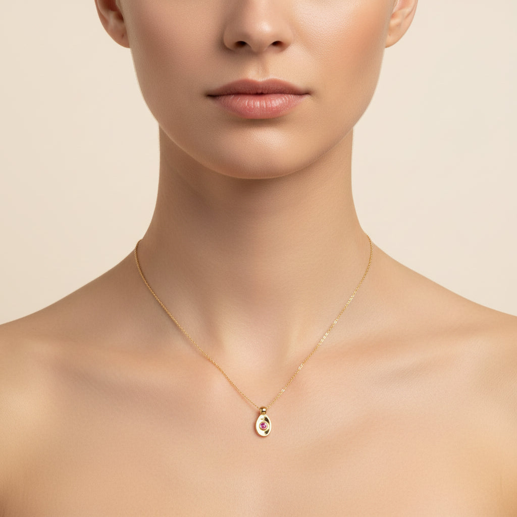 Mini Gold Oval Pendant with Ruby Accent