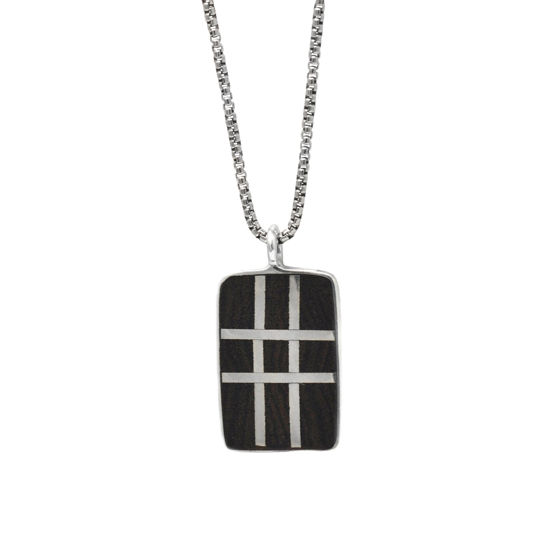 Large Wood Inlay Grid Pendant Necklace