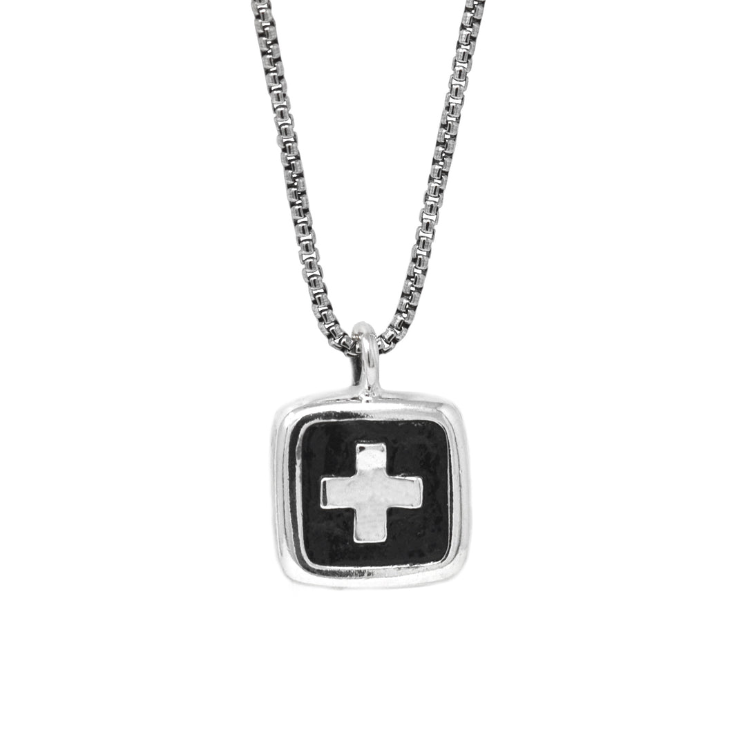 Oxidized Square Tag Cross Pendant Necklace