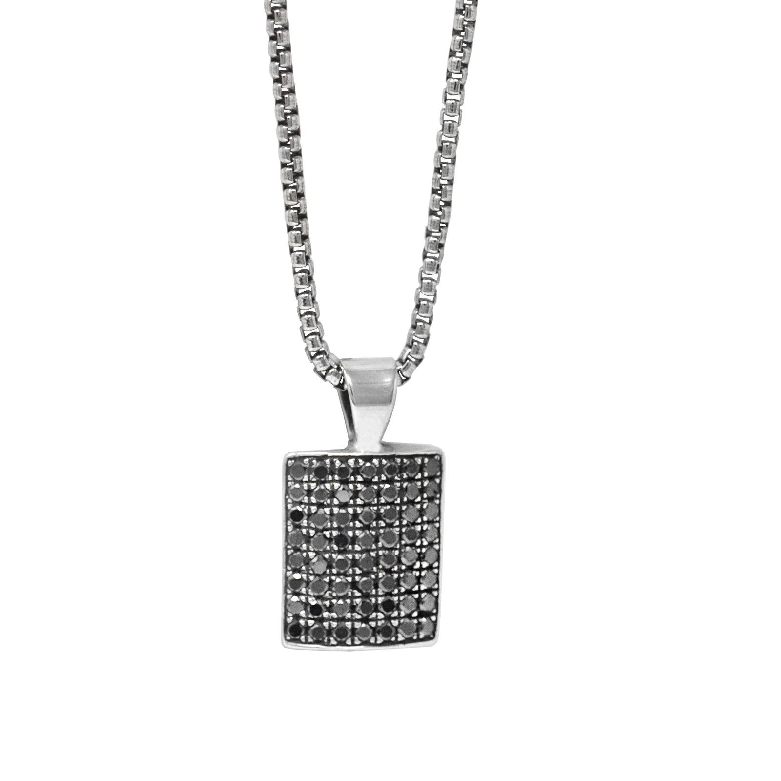 Silver necklace with a small square pendant on a white background