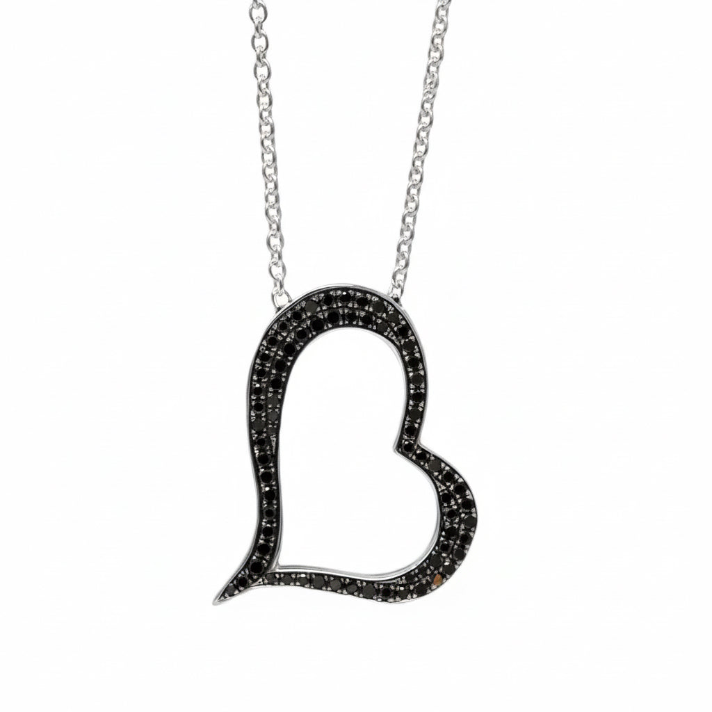 Black Diamond Tilted Open Heart Pendant Necklace
