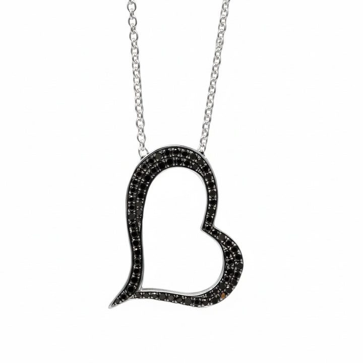 Black Diamond Tilted Open Heart Pendant Necklace