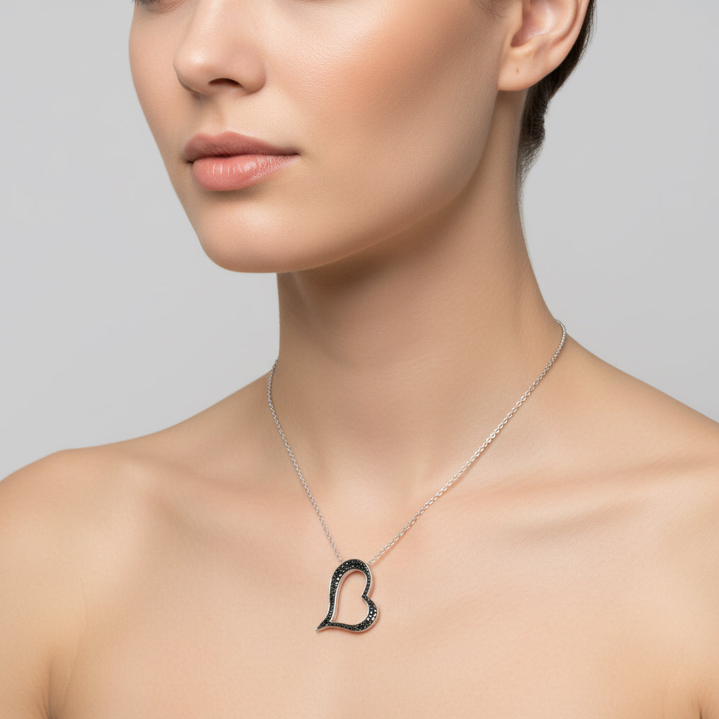 Black Diamond Tilted Open Heart Pendant Necklace
