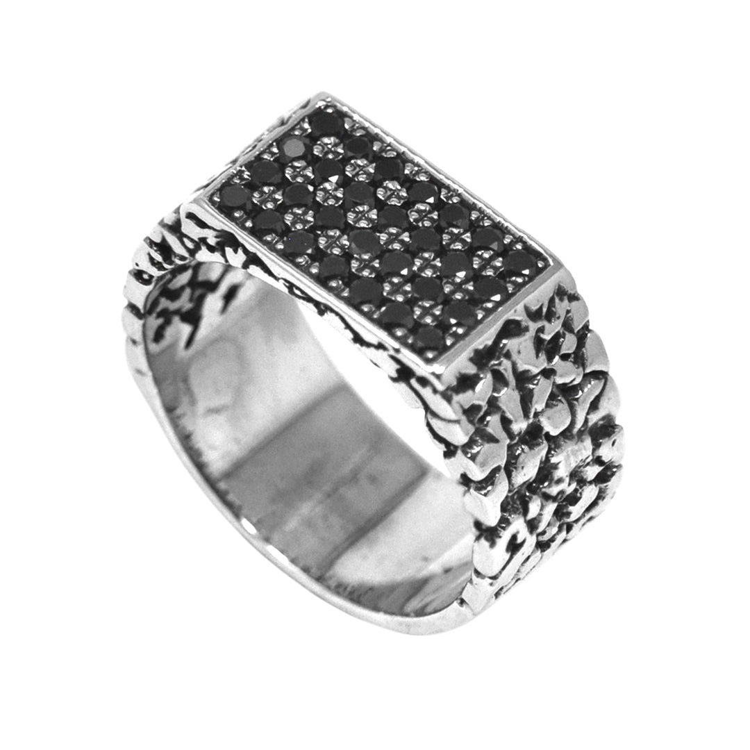 Black Diamond Rectangle Carved Textured Ring