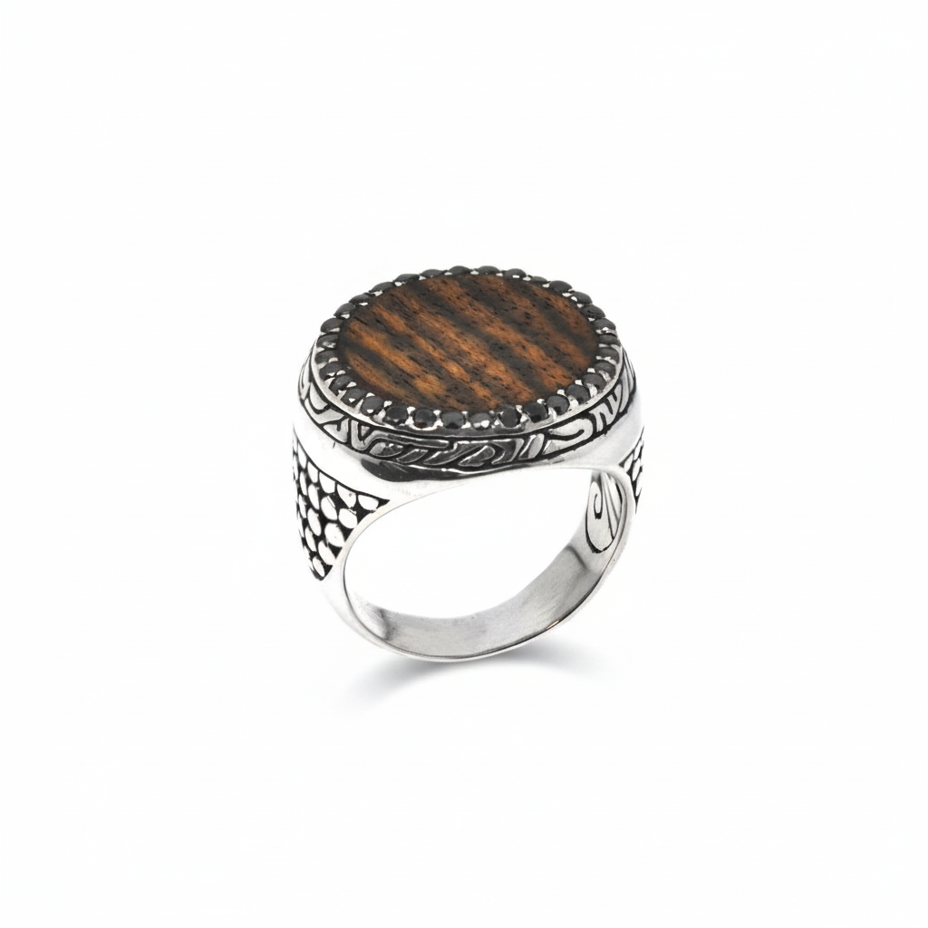 Large Black Diamond Round Wood Ring