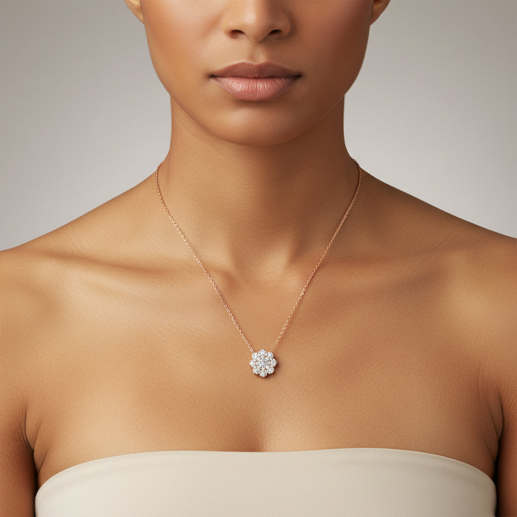 Women's 18k gold flower necklace with hand-set white diamonds - Best floral luxury jewelry by Versani SoHo