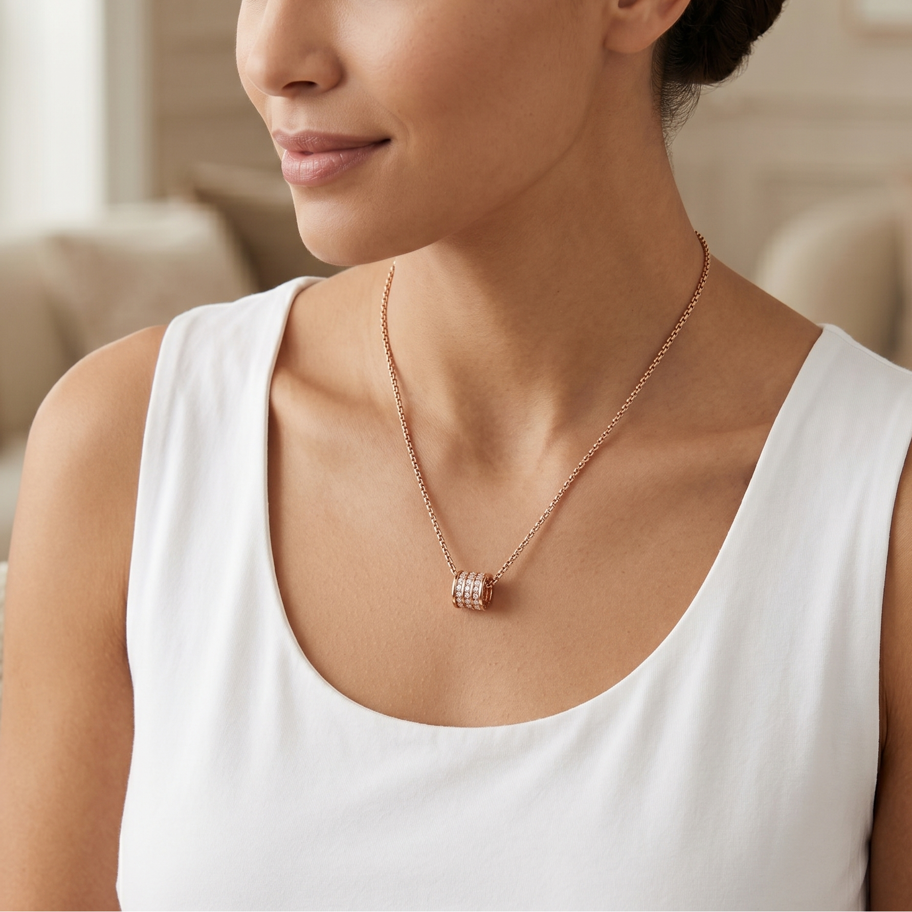 Women's 14k rose gold white diamond pavé barrel necklace - Best artisan jewelry by Versani SoHo