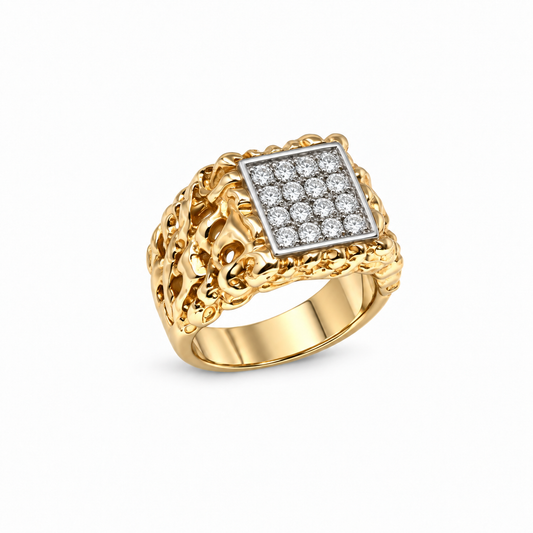 A yellow gold ring with a square pavé diamond face and an ornate openwork gold band, shown on a clean white background.